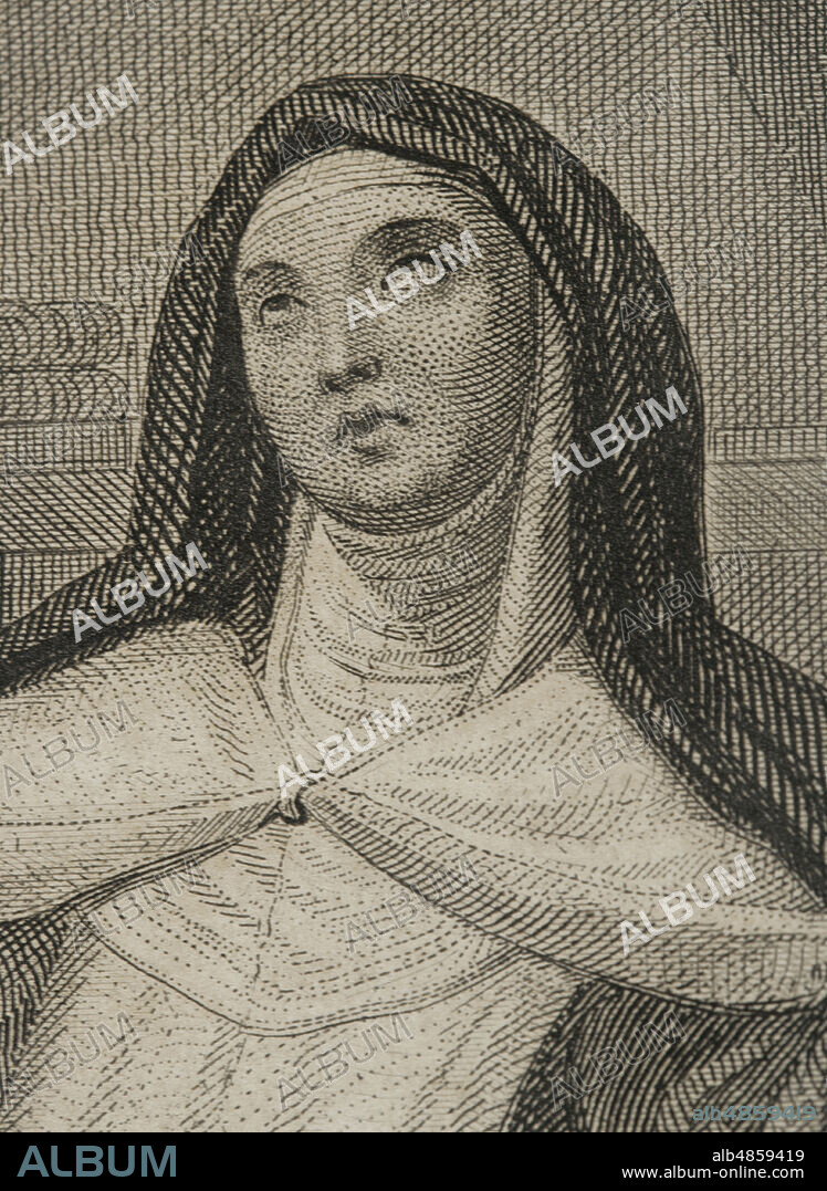 Santa Teresa de Jesús (1515-1582). Monja española. fundadora de la Orden de Carmelitas Descalzas. Mística y escritora. Retrato. Grabado. Historia de las persecuciones políticas y religiosas en Europa. Tomo II. Editado en Barcelona, 1864.