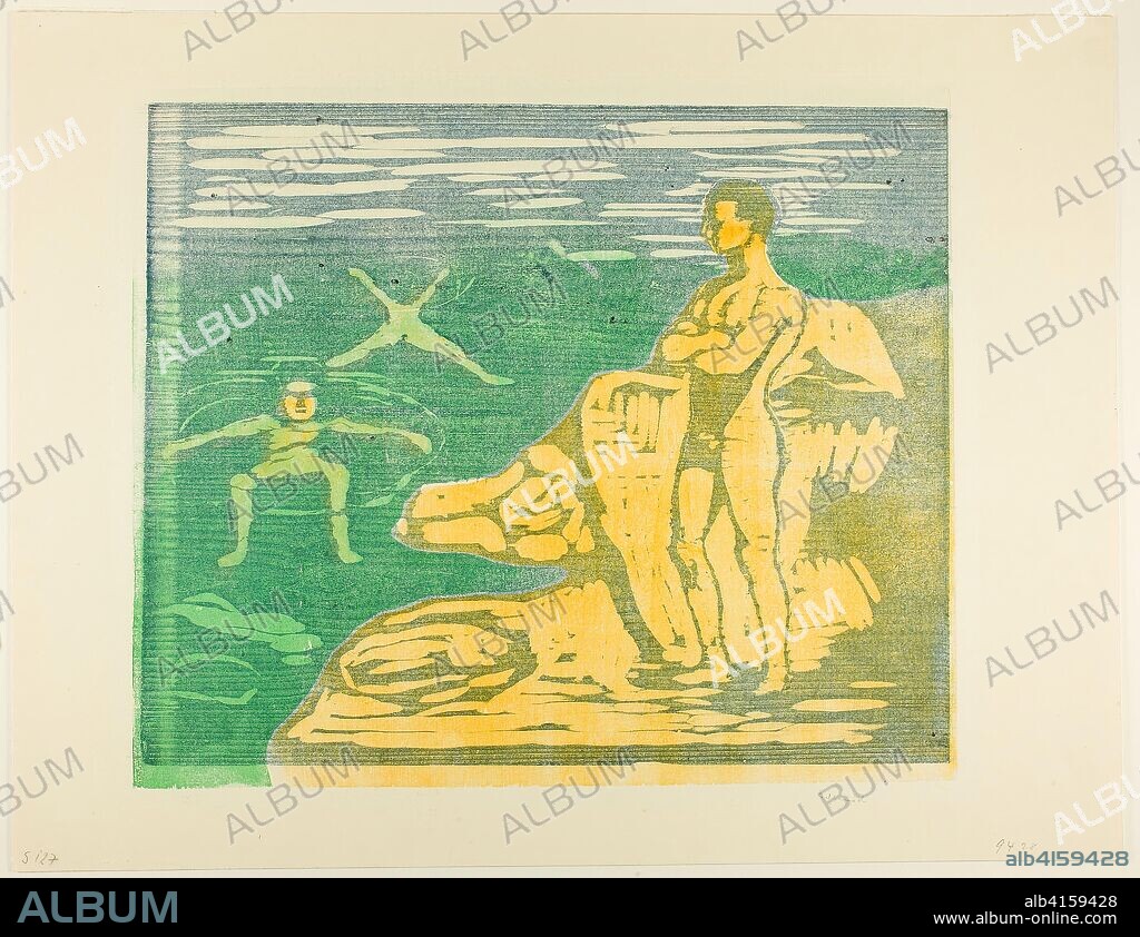 Boys Bathing. Edvard Munch; Norwegian, 1863-1944. Date: 1899. Dimensions: 380 x 448 mm (image); 465 x 601 mm (sheet). Color woodcut from two blocks (one sawn into two sections) on cream card. Origin: Norway.