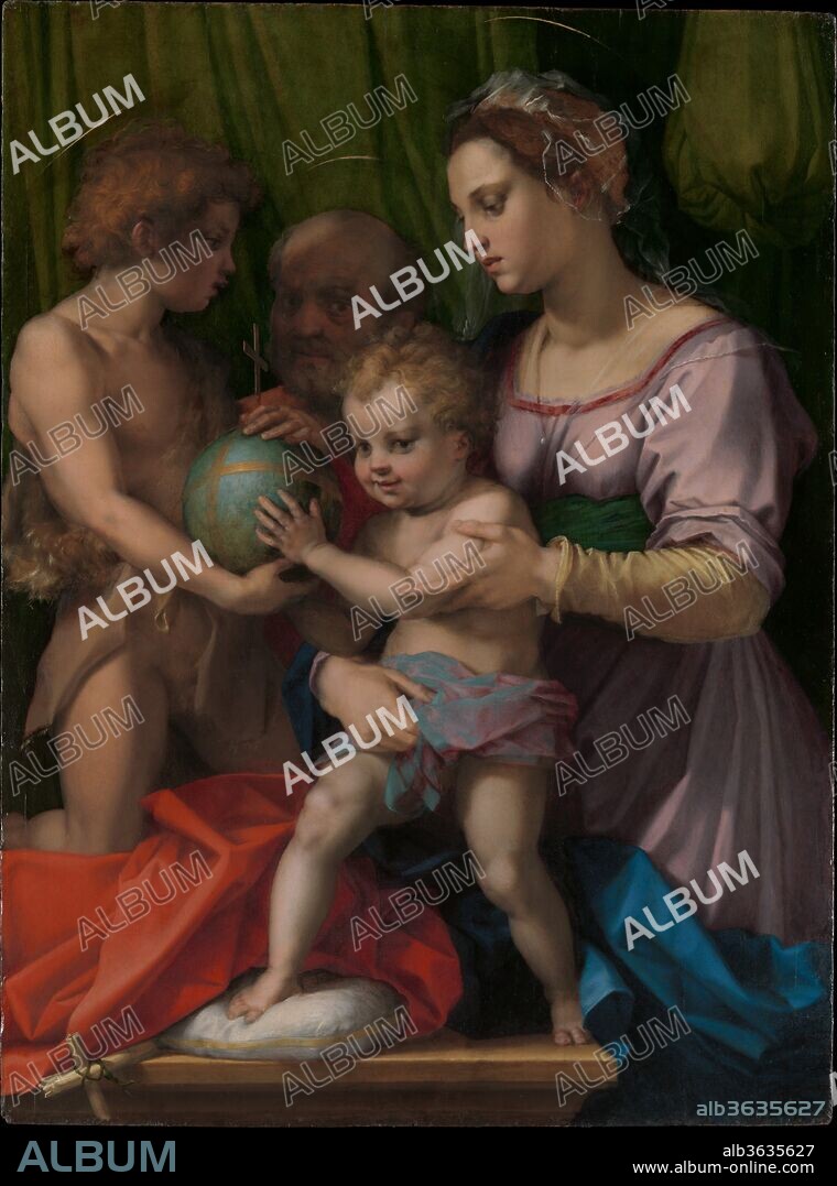 The Holy Family with the Young Saint John the Baptist. Artist: Andrea del Sarto (Andrea d'Agnolo) (Italian, Florence 1486-1530 Florence). Dimensions: 53 1/2 x 39 5/8 in. (135.9 x 100.6 cm). Date: ca. 1528.

Sarto was known as "the painter without defects." His figures are masterfully drawn, beautifully colored, and composed with an air of nobility. Giovanni Borgherini commissioned this grand Holy Family during the short-lived rule of Florence as a Republic before the Medici family was reinstated violently and permanently as its rulers. Sarto expressed the political meaning through the imagery of Christ holding the orb, suggesting his exclusive kingship--a known symbol of the Republic.