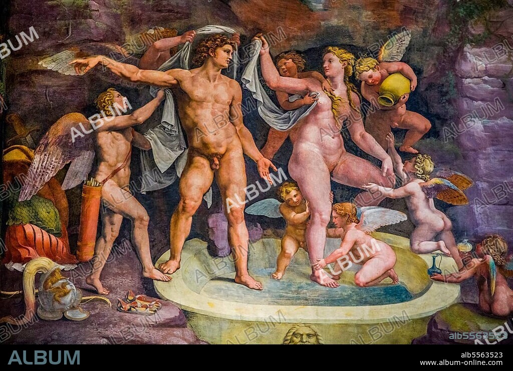 Venus and Mars, the adulterous couple in the bath, Chamber of Cupid and Psyche with erotic depictions, story from the Metamorphoses of Apuleius, court painter Giulio Romano, Palazzo Te, pleasure palace, Mantua, Lombardy, Italy, Mantua, Lombardy, Italy, Europe.