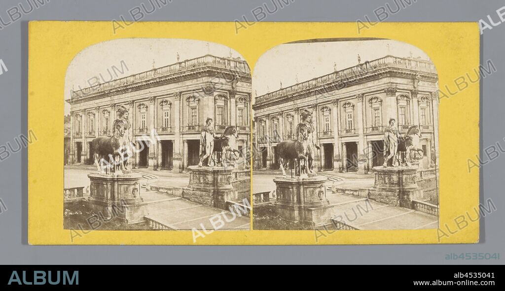 Sculptures of the Dioscuri on Piazza del Campidoglio in Rome ROME - STATUES OF CASTOR ET POLLUX (title on object), sculpture, village square, place, facade (or house or building), Piazza del Campidoglio, anonymous, Rome, c. 1850 - c. 1880, cardboard, photographic paper, albumen print, h 85 mm × w 170 mm.