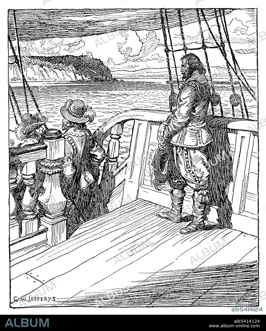Champlain leaves Quebec as a prisoner aboard Kirke's ship. In 1629 there was the surrender of Quebec, without battle, to English privateers led by David Kirke during the Anglo-French War. De Champlain argued that the English seizing of the lands was illegal as the war had already ended. As part of the ongoing negotiations of their exit from the Anglo-French War, in 1632 the English king Charles agreed to return the lands in exchange for Louis XIII paying his wife's dowry. Samuel de Champlain (August 13, 1574 - December 25, 1635) was a French navigator and explorer. Illustration by Charles William Jefferys, undated (cropped and cleaned).