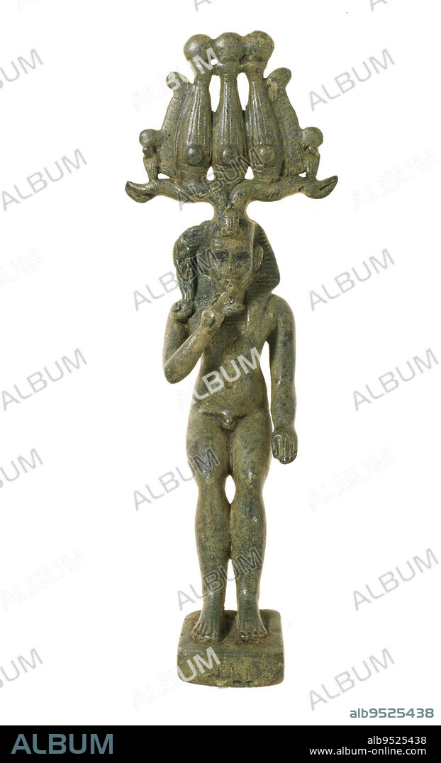 God Horus (Harpocrates), 644-30 BCE, 6 1/4 x 2 9/16 in. (15.88 x 6.51 cm), Bronze with green patina, Egypt, 7th-1st century BCE, When the Greeks established dominion over ancient Egypt in 332 BCE, they adopted many of the Egyptian godsand renamed them. Their new name for the god Horus-the-Child was Harpocrates, and this depiction of him dates from that era of Greek rule, called the Hellenistic period. It shows typical markers of childhood, including the gods nudity, the side braid, and a finger in his mouth. As a matter of fact, the position of the hand to the lower lip or chin was the physical representation of the hieroglyph for 'child.'.