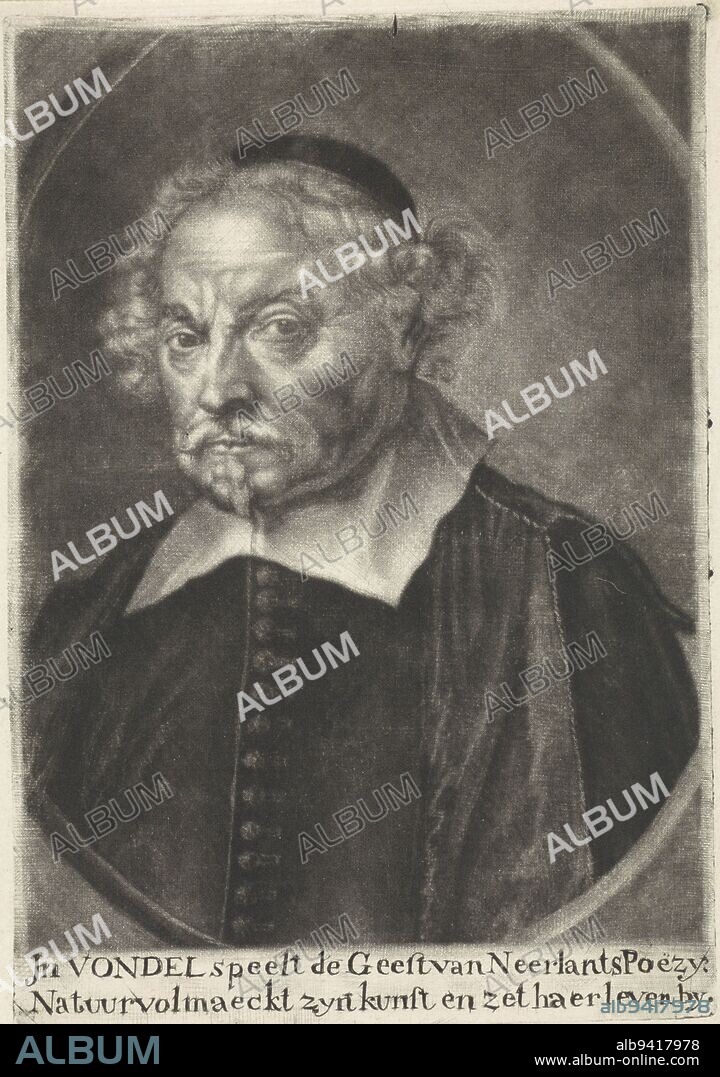 The writer and poet Joost van den Vondel. Portrait of Joost van den Vondel, print maker: Johannes de Groot (II), after: Philips Koninck, Northern Netherlands, 1722 - 1745, paper, engraving, h 217 mm × w 150 mm.