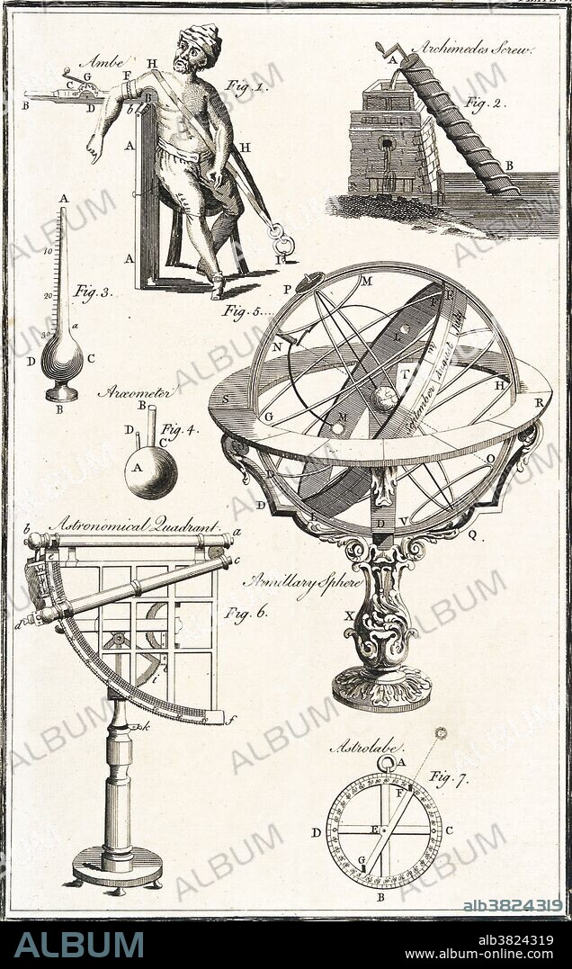 A group of vignettes illustrating orthopedic traction (top left), Archimedes screw (top right), and various astronomical instruments (lower half), including an armillary sphere, a quadrant, and an astrolabe. There is also an areometer pictured, which is an instrument for measuring the specific gravity of fluids. Etching, 1769.