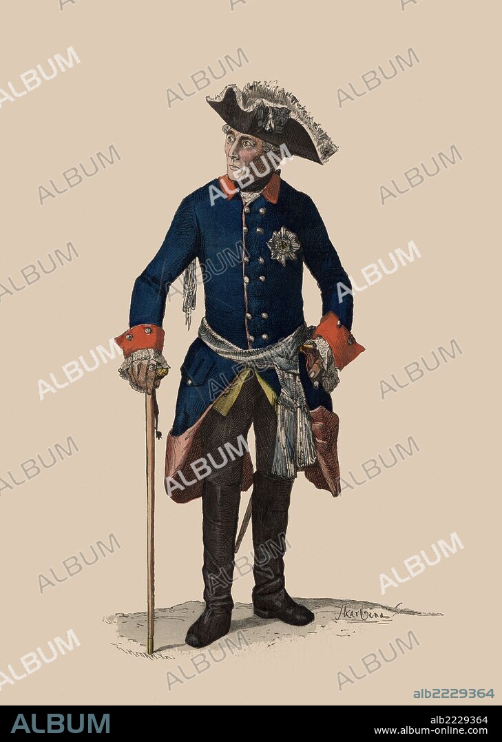 Federico II el Grande de Hohenzollern (1712-1786), rey de Prusia, con uniforme de la guardia de Potsdamer. Grabado alemán del siglo XIX.