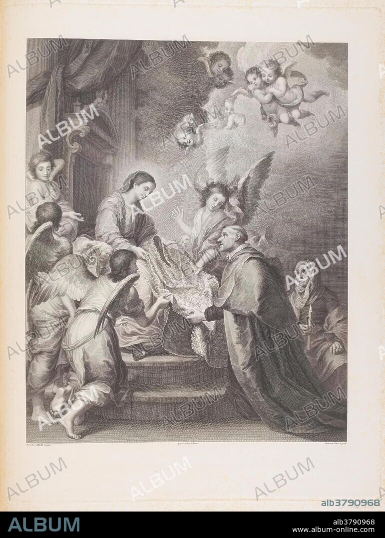 AGUSTÍN ESTEVE Y MARQUÉS y FERNANDO SELMA. Fernando Selma (Grabador) (Autor de la obra original Murillo, Bartolomé Esteban); Agustín Esteve y Marqués (Dibujante) / 'Aparición de la Virgen a san Ildefonso'. 1791 - 1800. Talla dulce: aguafuerte y buril sobre papel verjurado, 755 x 550 mm.