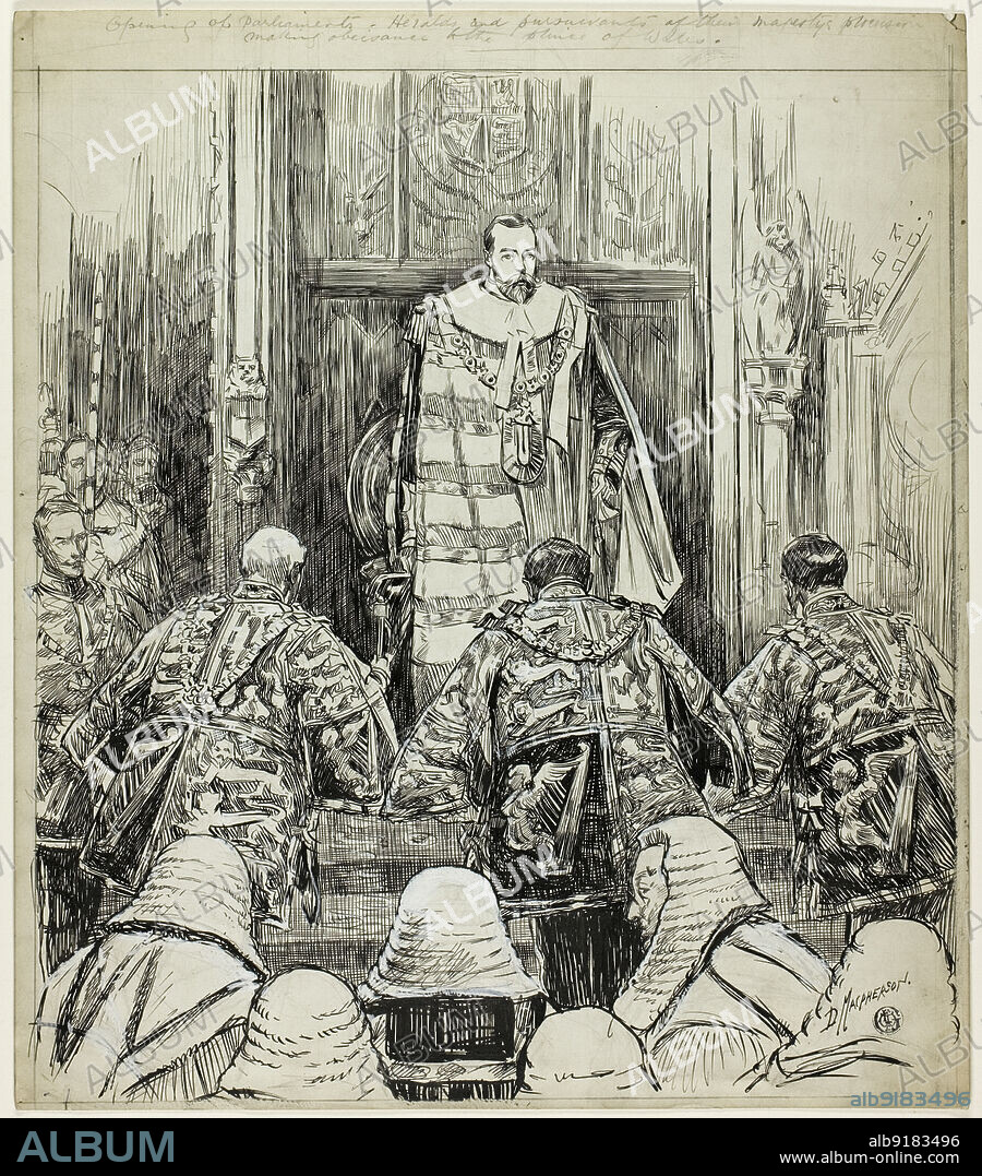DOUGLAS MACPHERSON. Opening of Parliament under Edward VII, c. 1904. British monarch with heralds and lords in the Palace of Westminster in London.