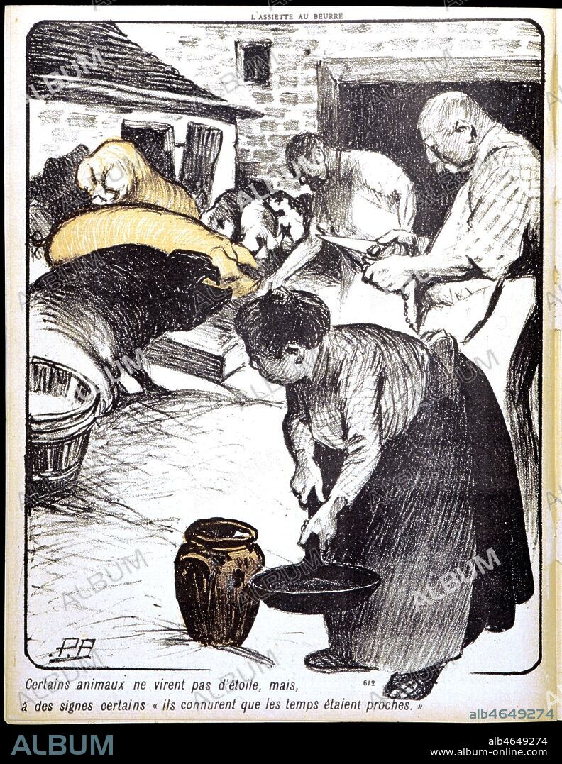 On s'apprete a tuer le cochon dans une ferme pour la Noel. ill. Paul Rallupiaut pour le numero de l'Assiette au Beurre, de decembre 1901. Illustration par Paul BALLURIAU (1860-1917) pour l'Assiette au Beurre du 28 decembre 1901, numero special 'noel'. Credit : Collection KHARBINE-TAPABOR.