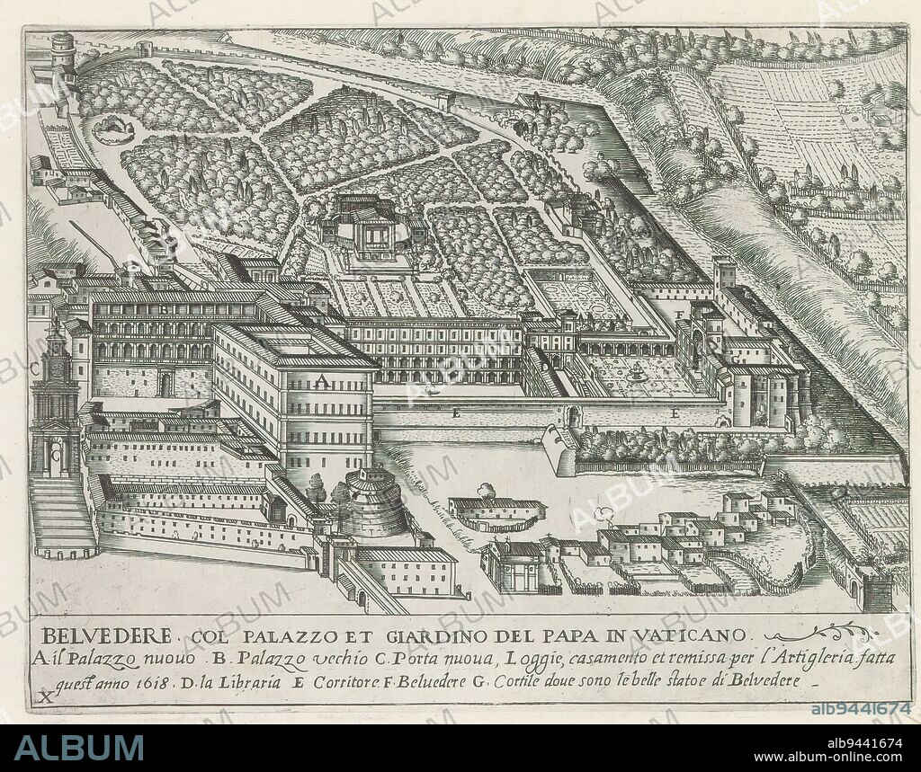 Cortile del Belvedere, The Apostolic Palace and Gardens at Vatican City, Belvedere col palazzo et giardino del papa in Vaticano (title on object), Monuments and buildings erected during the pontificates of Popes Paul V and Sixtus V (series title), View of the Vatican, with the Apostolic Palace, the gardens and the Cortile del Belvedere. Title in Italian and an explanatory list of letters in the lower margin. Print is part of an album., print maker: Matthäus Greuter, publisher: Matthäus Greuter, Paulus V, print maker: Rome, publisher: Rome, Vaticaanstad, 1618, paper, engraving, height 175 mm × width 226 mm.