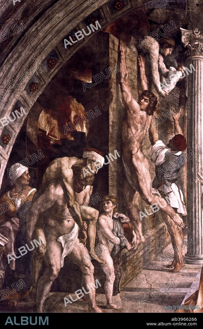 'The Fire in the Borgo' (detail), 1514. This fresco in the Vatican depicts a fire which broke out in the Borgo in Rome in 847. The blaze is said to have been contained by the benediction of Pope Leo IV.