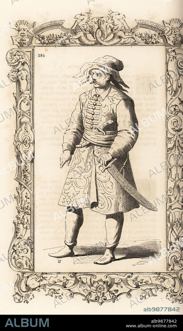 Topçu gunner of the Ottoman Empire, 16th century. In distinctive red hat, buttoned dolman coat, with dagger and scimitar. Jopegs, Bombardiers. Within a decorative frame engraved by H. Catenacci and Fellmann. Woodblock engraving by Gerard Seguin and E.F. Huyot after a woodcut by Christoph Krieger from Cesare Vecellios 16th century Costumes anciens et modernes, Habiti antichi et moderni di tutto il mondo, Firman Didot Ferris Fils, Paris, 1859-1860.