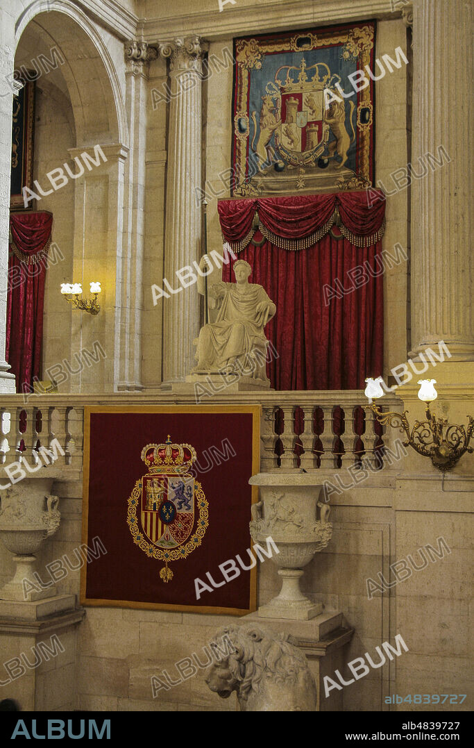 Madrid, Comunidad de Madrid, Spain, Europe.. The Royal Palace (Palcaio Real), Camón iis the name given to a balcony overlooking the Main Staircase, presided over by Charles IV as Roman Emperor (1817), by Ramon Barba.