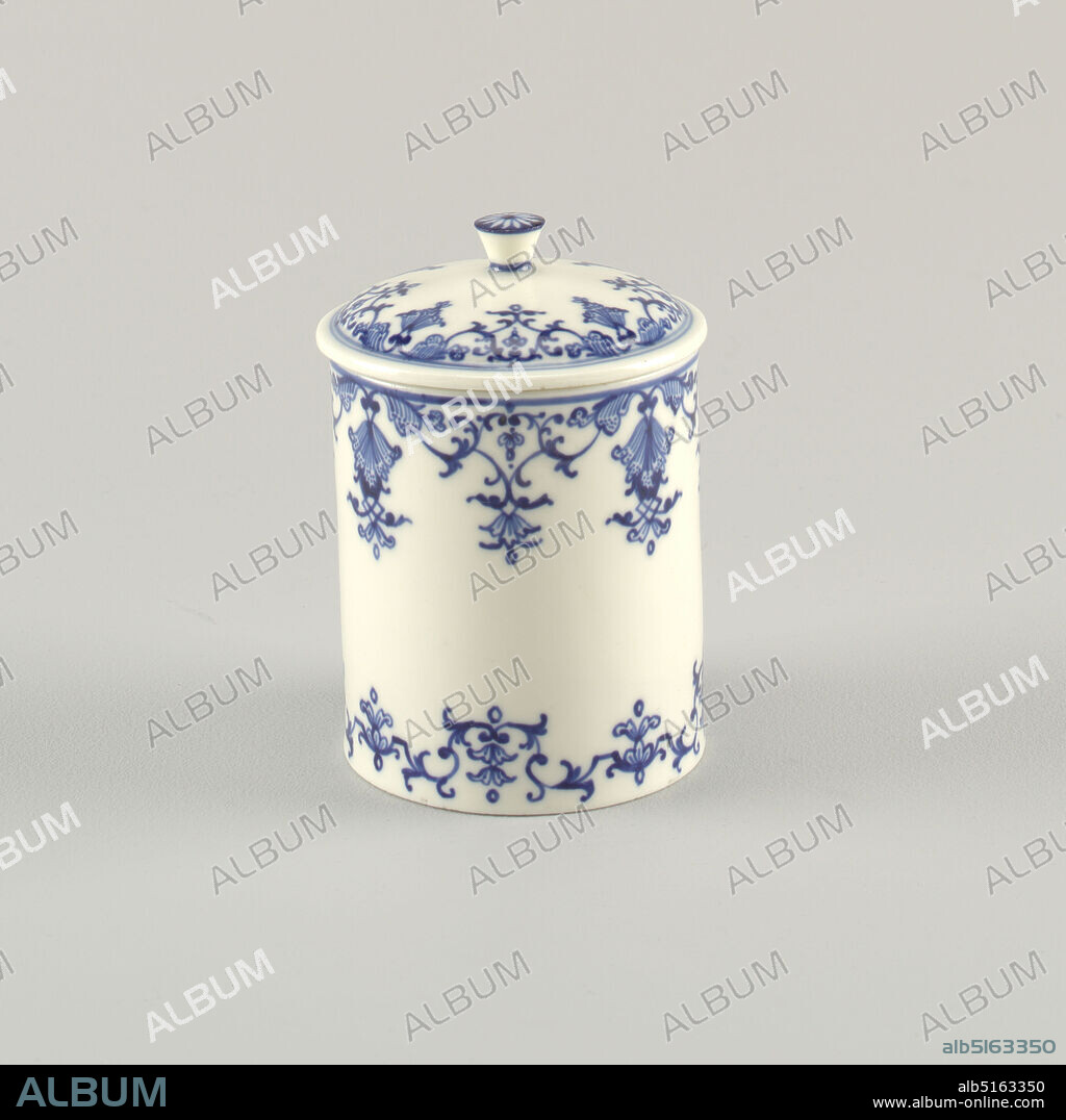 Pomade Jar (Pot à Pommade or Pot à Fard), Saint-Cloud Porcelain Manufactory, French, active by 1693 - 1766, soft paste porcelain, vitreous enamel, Cylindrical form featuring arabesque or lambrequin motifs wrapped around entire circumference of pot on both upper and lower edges, all in underglaze blue; similar motif wrapped around edge of lid; knob on top of lid features single fower motif; all on white ground., France, ca. 1730, ceramics, Decorative Arts, jar, jar.