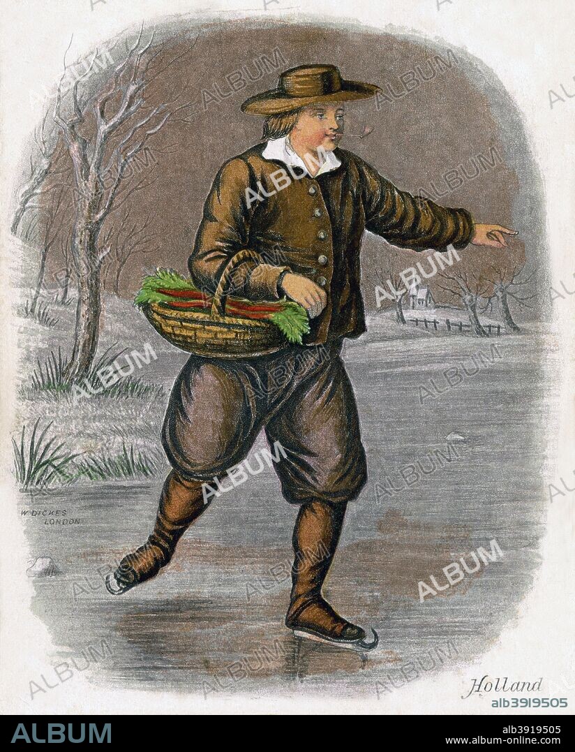 'Dutch Man Skating with a Basket of Vegatables', 1809. The Dutch are somewhat like the English in appearance. The ancient national costume of the men consists of wide breeches, silver buttons and a broad-brimmed hat.