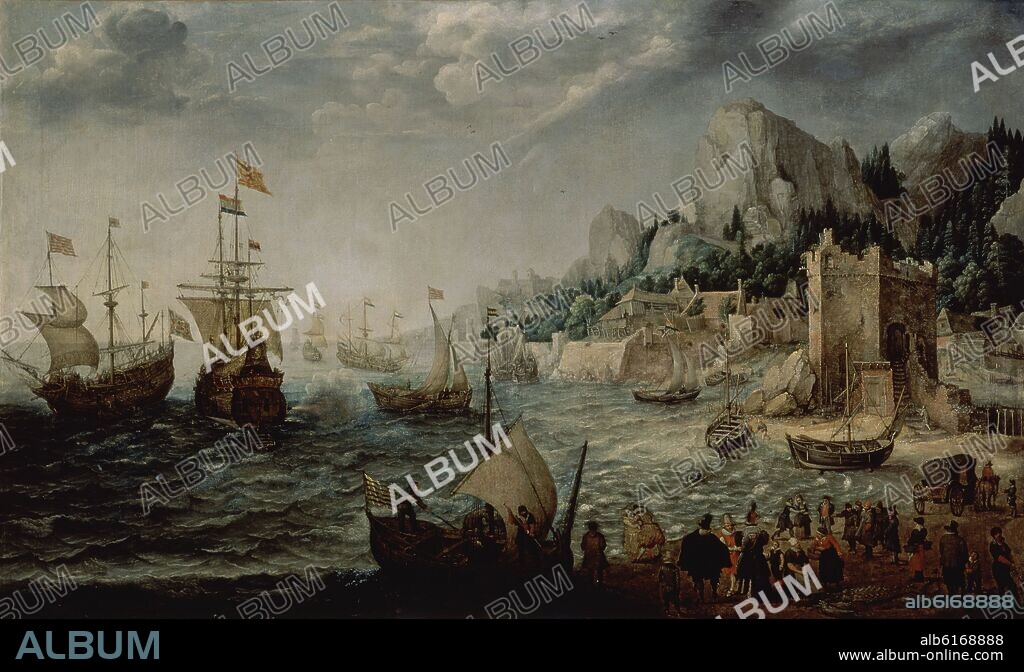 ADAM WILLAERTS. ESCENA DE LA COSTA/EMBARQUE DE FEDERICO DE PALATINADO - 1624 - 86X142CM - BARROCO HOLANDES.
