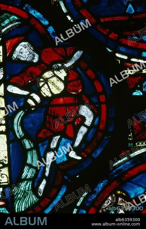 Astronomie / Zodiaque :. "Verseau". Vitrail, 13ème siècle. Détail de la verrière du zodiaque, Notre-Dame de Chartres (Eure-et-Loir).