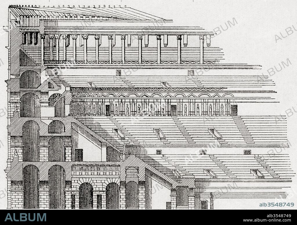 The Colosseum or Coliseum, aka Flavian Amphitheatre, Rome, Italy. A 19th century reconstructed drawing of the interior. From Kunstgeschichte In Bildern, published 1900.