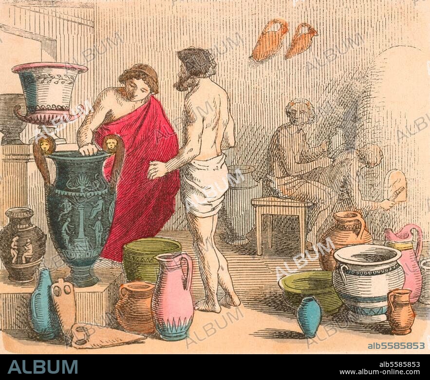 Geschichte / Antike / Handel u. Gewerbe:. "Griechenland: Töpferwerkstätte". Holzstich, altkoloriert, nach Zeichnung, um 1865, von Heinrich Leutemann (1824-1905). Nr. VII der Serie: Bilder aus dem Alterthume, München (Braun & Schneider). Münchener Bilderbogen Nr. 377. Berlin, Sammlung Archiv für Kunst und Geschichte.