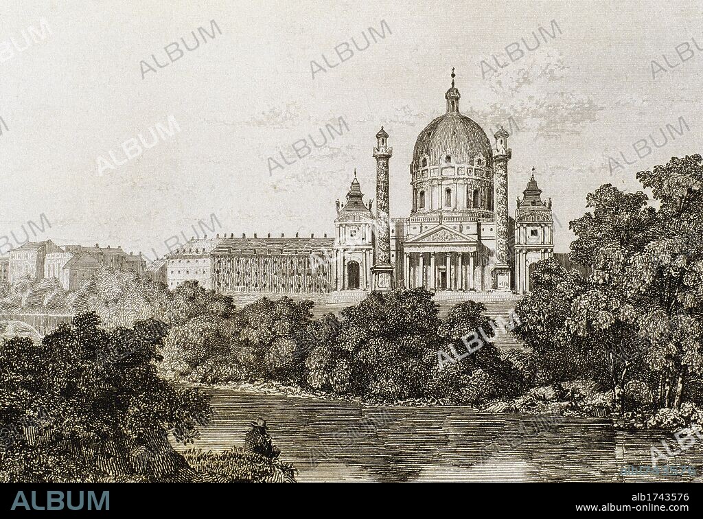 ARTE S. XVIII. AUSTRIA. IGLESIA DE SAN CARLOS BORROMEO. Edificio proyectado por J. B. Fischer von Erlach (1656-1723), realizado entre 1716 y 1737 ya que fue finalizado por Josef Emmanuel Fischer von Erlach. VIENA. Grabado del siglo XIX.