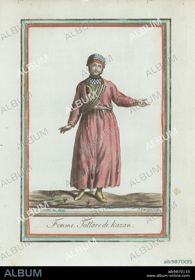 Tatar woman of Kazan. In hat tied under the chin, embroidered tunic open at the breast to reveal an embroidered chemise, slippers. Femme Tattare de Kazan. Handcoloured copperplate engraving by J. Laroque after a design by Jacques Grasset de Saint-Sauveur from his Encyclopedie des voyages, Encyclopedia of Voyages, Bordeaux, France, 1792.
