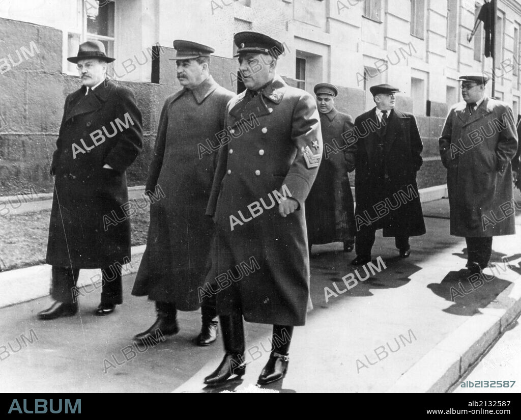 Moscow, ussr may day 1941: walking to the may day celebrations in red square, left to right: v, molotov, soviet premier josef stalin, k, voroshilov, g, malenkov, l, beria (head of secret police) .