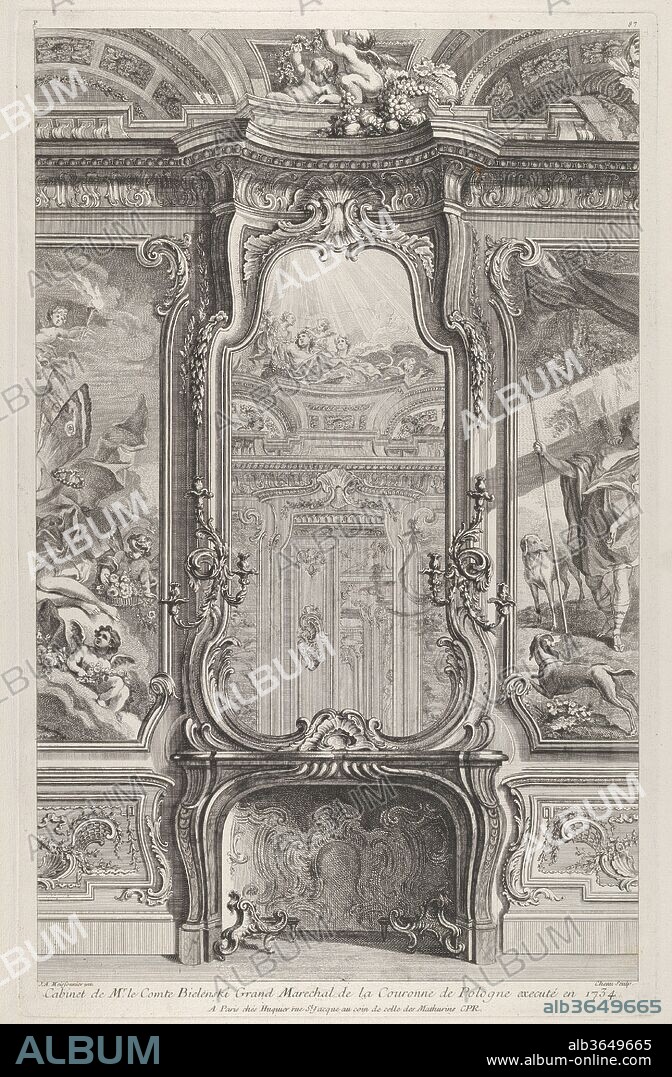 Cabinet de Mr le Compte Bielinski, from 'Oeuvres de Juste Aurelle Meissonnier'. Artist: Juste Aurèle Meissonnier (French, Turin 1695-1750 Paris). Dimensions: Plate: 21 7/16 × 13 9/16 in. (54.4 × 34.5 cm)
Sheet: 22 11/16 × 17 in. (57.7 × 43.2 cm). Engraver: Pierre Chenu (French, Paris 1730-late 18th century). Publisher: Gabriel Huquier (French, Orléans 1695-1772 Paris). Date: ca. 1742-48.
View of a wall elevation with a fireplace in the center. Over the mantel a large mirror has been placed which reflects part of the room and the half-opened double doors on the opposite end of it.