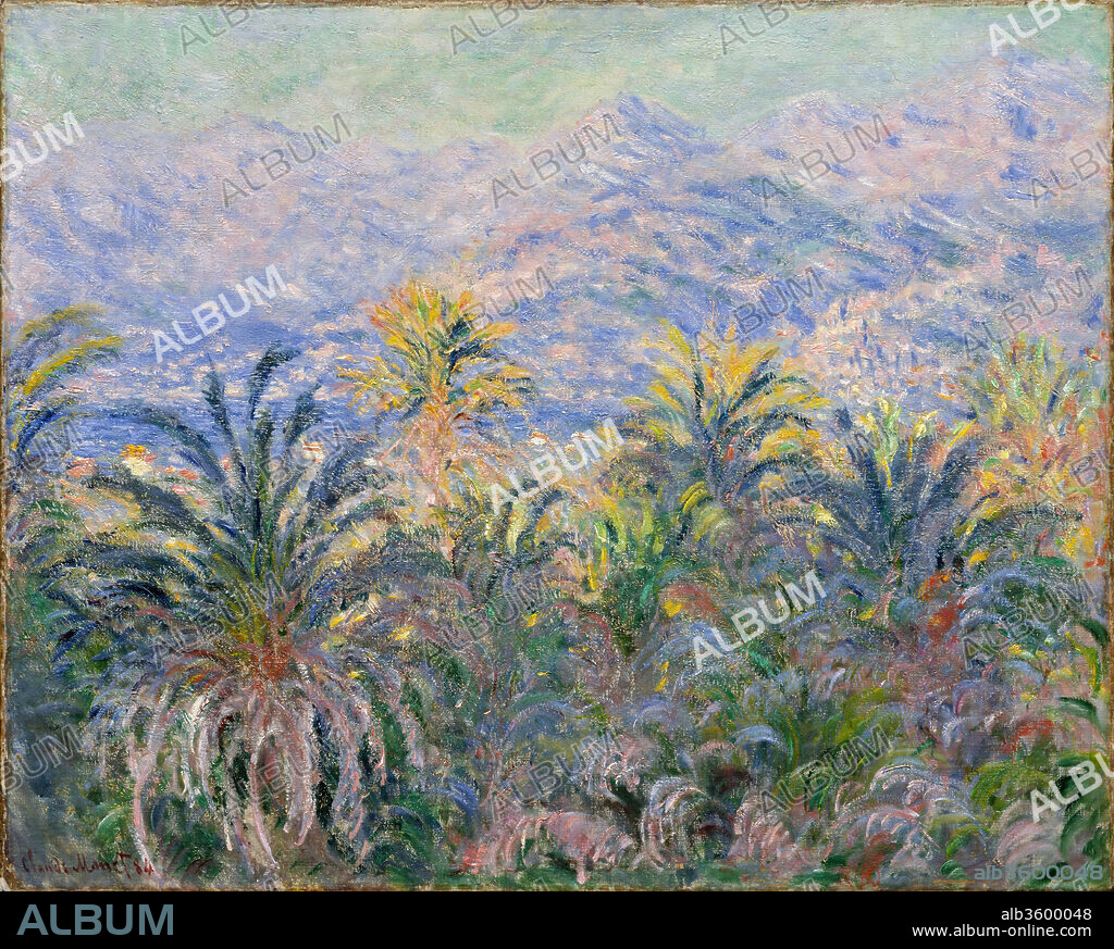 Palm Trees at Bordighera. Artist: Claude Monet (French, Paris 1840-1926 Giverny). Dimensions: 25 1/2 x 32in. (64.8 x 81.3cm). Date: 1884.

Monet first visited Italy's southern coast with Renoir in December 1883. Shortly thereafter, he returned alone to paint, writing his dealer that working "à deux" was constraining. This scene and <i>The Valley of the Nervia</i> (30.95.251) reflect Monet's excitement at the new motifs offered by the region's palm trees and mountains. For this view, he ventured from his hotel in Bordighera and looked across the Bay of Ventimiglia toward the Alps on the French border. The dazzling colors challenged him to "dare to use all the tones of pink and blue," although what he truly needed was a "palette of diamonds and jewels.".