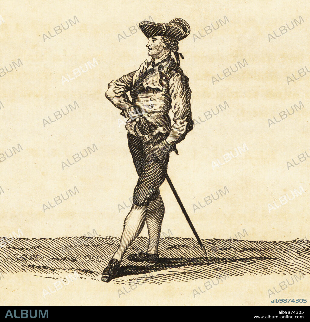 Portrait of Domenico Angelo (1717-1802), Italian sword and fencing master. Also known as Angelo Domenico Malevolti Tremamondo. Taught fencing to gentlemen including royalty, Joshua Reynolds, Thomas Gainsborough, George Stubbs, David Garrick, Casanova and the Chevalier d'Eon at his School of Arms. Angelo himself posed for the illustrations. Copperplate engraving after an illustration by Thomas Rowlandson from Mr. Domenico Angelo's The School of Fencing, London, 1787.