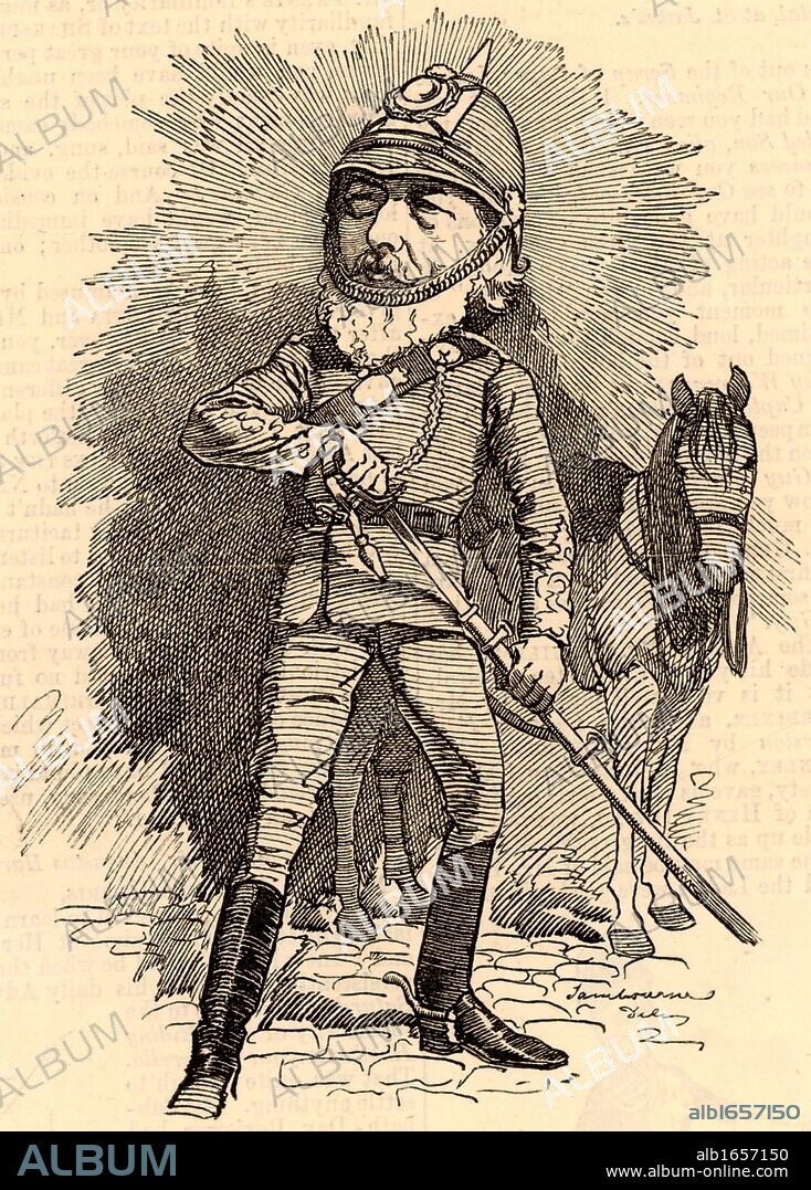 Frederick or Frederic, Lord Leighton (1830-1896) English painter and sculptor born at Scarborough, Yorkshire. President of the Royal Academy 1878-1896. Leighton in military uniform on his retirement as Colonel of the Artists' Rifles (Middlesex (Artists') Rifle Volunteer Corps). Cartoon by Edward Linley Sambourne in the Punch's Fancy Portraits series from "Punch" (London, 16 February 1884).  (Photo by: Universal History Archive/UIG via Getty Images).