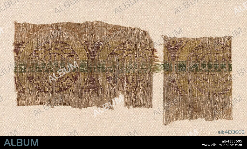 Two Fragments. Italy or Spain. Date: 1201-1400. Dimensions: a: 14.9 x 24.4 cm (5 7/8 x 9 5/8 in.)
b: 15.2 x 11.5 cm (6 x 4 1/2 in.). Linen and silk, complementary weft twill weave with inner warps. Origin: Italy.