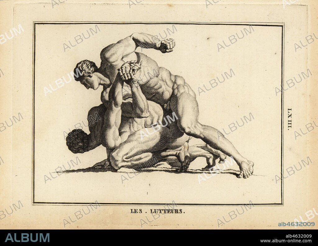 Statue of two naked male wrestlers. Copperplate engraving by Francois-Anne David from Museum de Florence, ou Collection des Pierres Gravees, Statues, Medailles, Chez F.A. David, Paris, 1787. David (1741-1824) drew and engraved the illustrations based on Roman statues, engraved stones and medals in the collection of the Museum de Florence and the cabinet of curiosities of the Grand Duke of Tuscany.