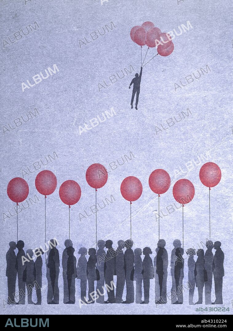 Man holding bunch of balloons floating away from crowd.