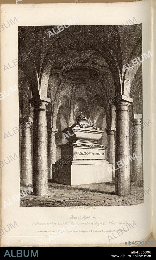 Sarcophagus under which the body of Lord Nelson is enclosed, in the Crypt of St. Paul's Cathedral, Horatio Nelson's Tomb, 1st Viscount Nelson in the Crypt of St. Paul's Cathedral, signed: Drawn & Engraved by John Coney; Published by Lackington, Hughes, Harding, Marvor & Jones; and Longman, Hurst, Rees, Orme & Brown, Pl. LXI, after p. 212, Coney, John (drawing and engraving); Lackington, Hughes, Harding, Marvor & Jones (publ.); Longman, Hurst, Rees, Orne & Brown (publ.), William Dugdale, Henry Ellis: The history of Saint Paul's Cathedral in London, from its foundation: extracted out of original charters, records, leiger-books, and other manuscripts. London: printed for Lackington, Hughes, Harding, Mavor, and Jones; and Longman, Hurst, Rees, Orme, and Brown, 1818.
