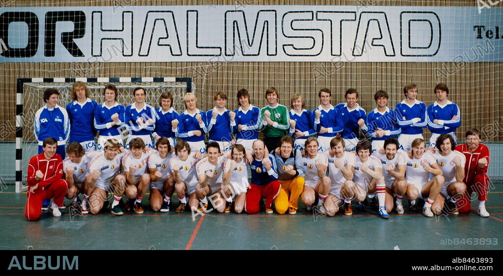 Halmstad 1980-03-13. Lagbild på svenska mästarna i fotboll, Halmstads BK och i handboll, HK Drott, 1979. Båda lagen är från Halmstad . Foto: Torbjörn Andersson / EXP / TT / Kod 4 . ** AFTONBLADET OUT **.