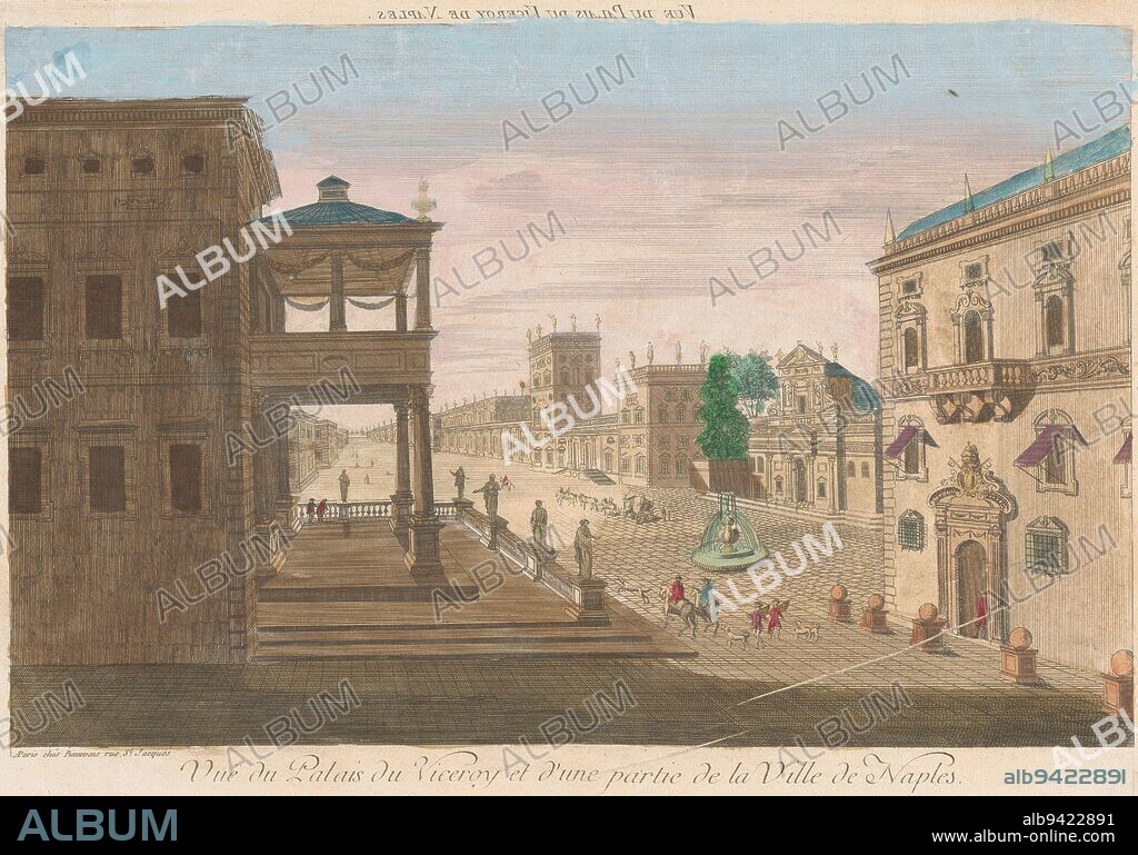 View of the palace of the viceroy of Naples in Naples, Beauvais, 1700 - 1799, publisher: Beauvais, (mentioned on object), print maker: anonymous, publisher: Paris, print maker: France, 1700 - 1799, paper, etching, brush, h 286 mm × w 417 mm.