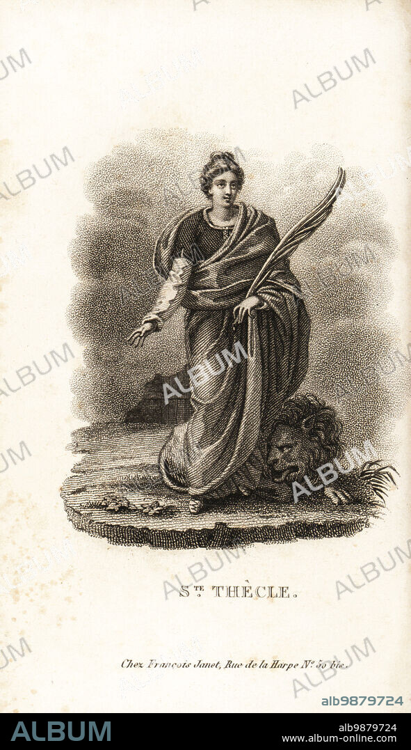 Saint Thecla, Sainte-Thecle, 1st century saint and virgin martyr of the Christian Church, follower of Paul the Apostle. Shown holding a palm of martyrdom with a male lion licking her feet. Sentenced to be eaten by wild beasts, she was saved by lionesses. Copperplate stipple engraving from Mr. M. Es Les Jeunes Martyres de la Foi Chretienne, Young Martyrs of the Christian Faith, Francois Janet, Paris, 1819.