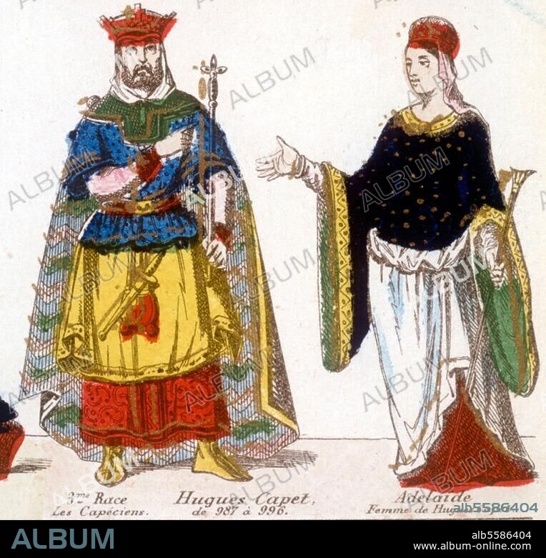 Hugues Capet, roi de France (987-996). fondateur de la dynastie des Capétiens ; (vers 940-996). "3è. Race les Capétiens. Hugues Capet. de 987 à 996." / "Adelaïde. Femme de Hugues Capet." (Adélaïde de Poitou). Gravure sur bois, coloriée, vers 1850, livre d'images (Gangel), détail ; coll. particulière, France.