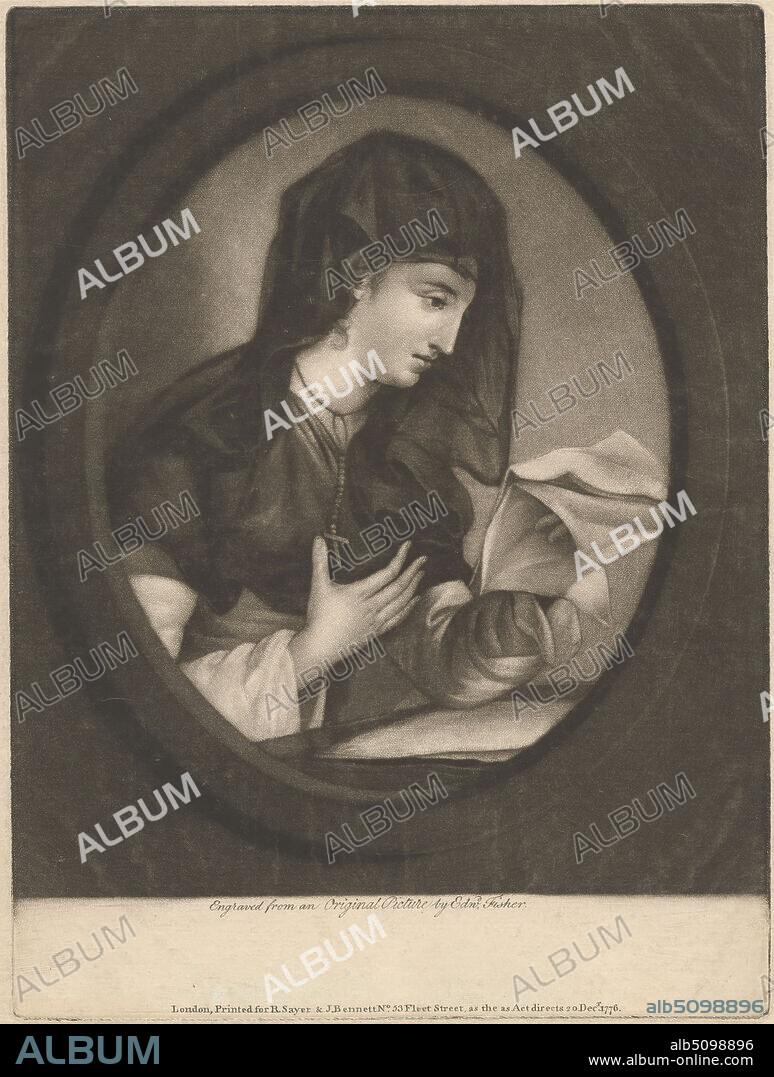 Lucilia, Print made by Edward Fisher, 17221785, British, Published by Sayer & Bennett, 17251794, British, 1776, Mezzotint on moderately thick, slightly textured, beige laid paper, Sheet: 10 7/16 x 7 13/16 inches (26.5 x 19.8 cm), Plate: 9 15/16 x 7 1/2 inches (25.3 x 19 cm), and Image: 8 3/4 x 7 1/2 inches (22.2 x 19 cm), cape, cross (motif), gaze, gesture, illustration, letter, literary theme, necklace, oval, papers, posing, profile, reading, rosary, sleeves, The Vicar of Wakefield (1766), veil, woman.