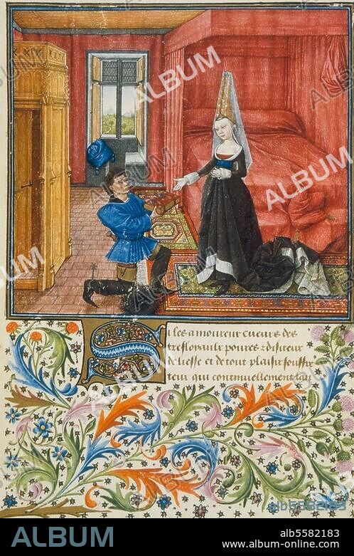 Boccaccio, Giovanni; ital. Dichter und Humanist; 1313-1375. Werke: Teseida (um 1340). Dedikationsbild. Französische Buchmalerei, um 1470. Aus der ältesten französischen Übersetzung; aus dem Besitz des Königs René von Anjou. Cod. 2617 fol 39. Wien, Österreichische Nationalbibliothek.