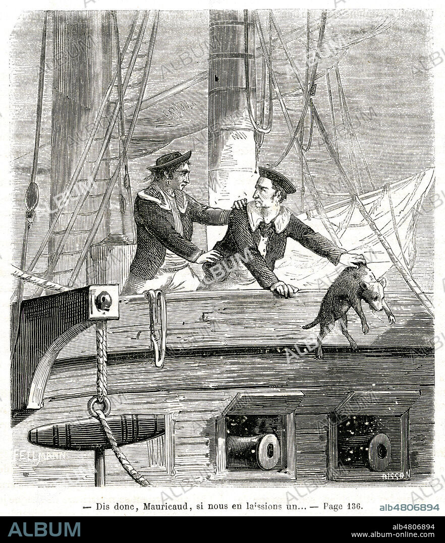 Dis donc Mauricaud, si nous en laissions un (chiot epargne par un marin et devenu Chien du bord). Illustration de 1867 par BISSON pour Histoire des Chiens celebres par Emile RICHEBOURG (1833-1898). Credit : Collection Jonas/Kharbine-Tapabor.