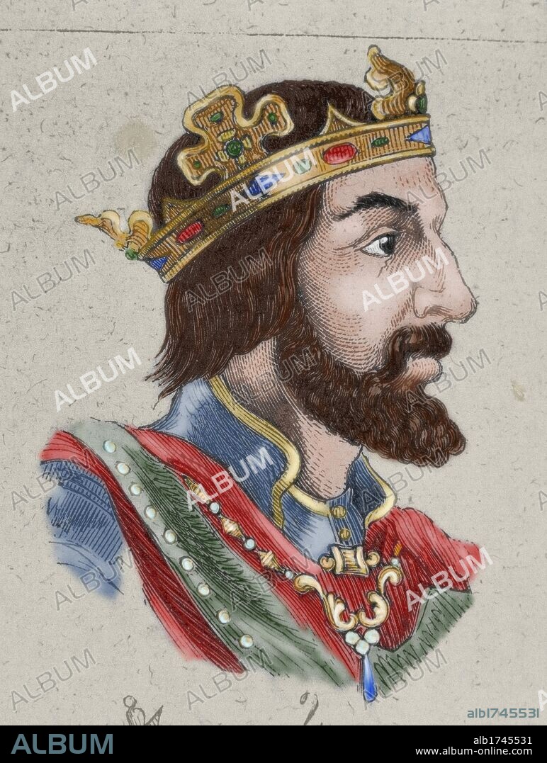 WITIZA. Rey visigodo (700 a 709). Sucesor de Egica. Convoco el XVIII Concilio de Toledo y añadió nuevas leyes al Liber Iudiciorum. Grabado coloreado.