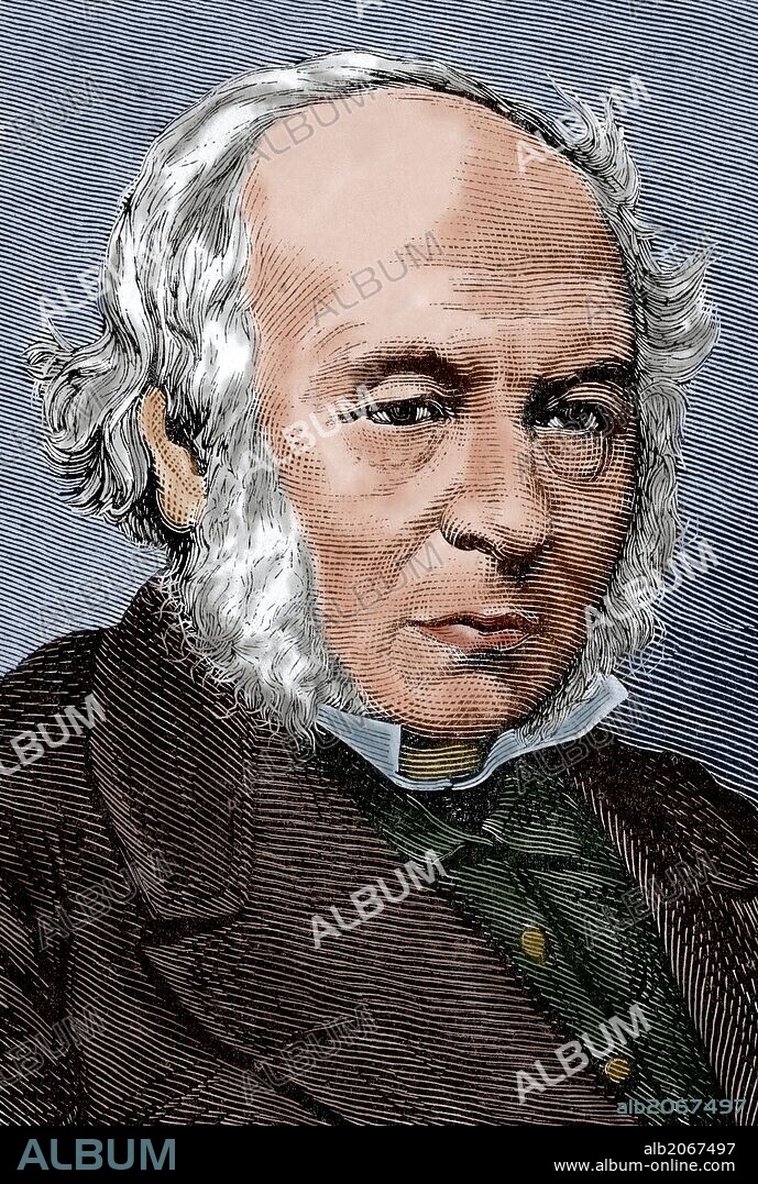 Sir Rowland Hill (1795-1879). Maestro británico y creador del primer sello postal de la historia: el Penny Black. Grabado por Capuz. Coloreado. "La Ilustración Española y Americana", año 1879.