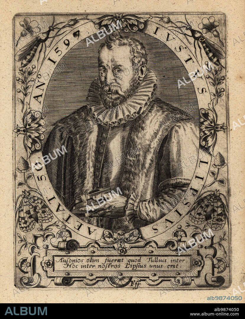 Joest Lips or Joost Lips, Flemish philologist, philosopher and humanist, 1547-1606. Justus Lipsius Aetat 50 Anno 1597. Copperplate engraving by Johann Theodore de Bry from Jean-Jacques Boissards Bibliotheca Chalcographica, Johann Ammonius, Frankfurt, 1650.
