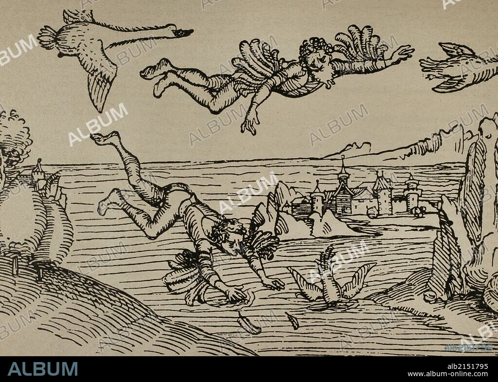 MITOLOGIA GRIEGA. ICARO Y SU PADRE DEDALO VOLANDO. Grabado de Alberto Durero, 1493.