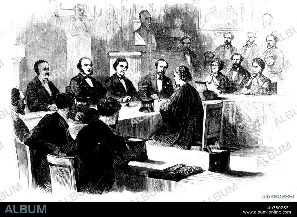 Illustration showing Garrett before the Faculty of Medicine, Paris. Elizabeth Garrett Anderson (1836-1917) was an English physician and feminist, the first Englishwoman to qualify as a physician and surgeon in Britain, the co-founder of the first hospital staffed by women, the first Dean of a British medical school, the first woman M.D. in France, the first woman in Britain to be elected to a school board and, as Mayor of Aldeburgh, the first female mayor and magistrate in Britain. On hearing that the Dean of the faculty of medicine at the University of Sorbonne, Paris was in favor of admitting women as medical students, Elizabeth studied French so that she could apply for a medical degree, which she obtained in 1870. However, the British Medical Register refused to recognize her MD degree.