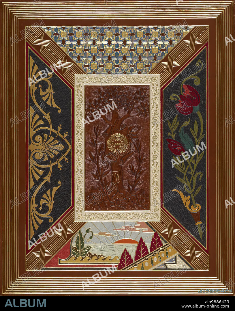 Cover of "Modern Bookbinding Practically Considered", 1889. This Léon Gruel binding on a volume by William Matthews about modern bookbinding techniques displays a variety of styles produced by Gruel's workshop, intended to show the range of effects that Gruel could achieve for his clients. The front cover displays modern designs, while the back cover showcases antiquarian ones. Both covers feature "modelled leather," a technique in which the leather is stretched and shaped to create depth and texture.