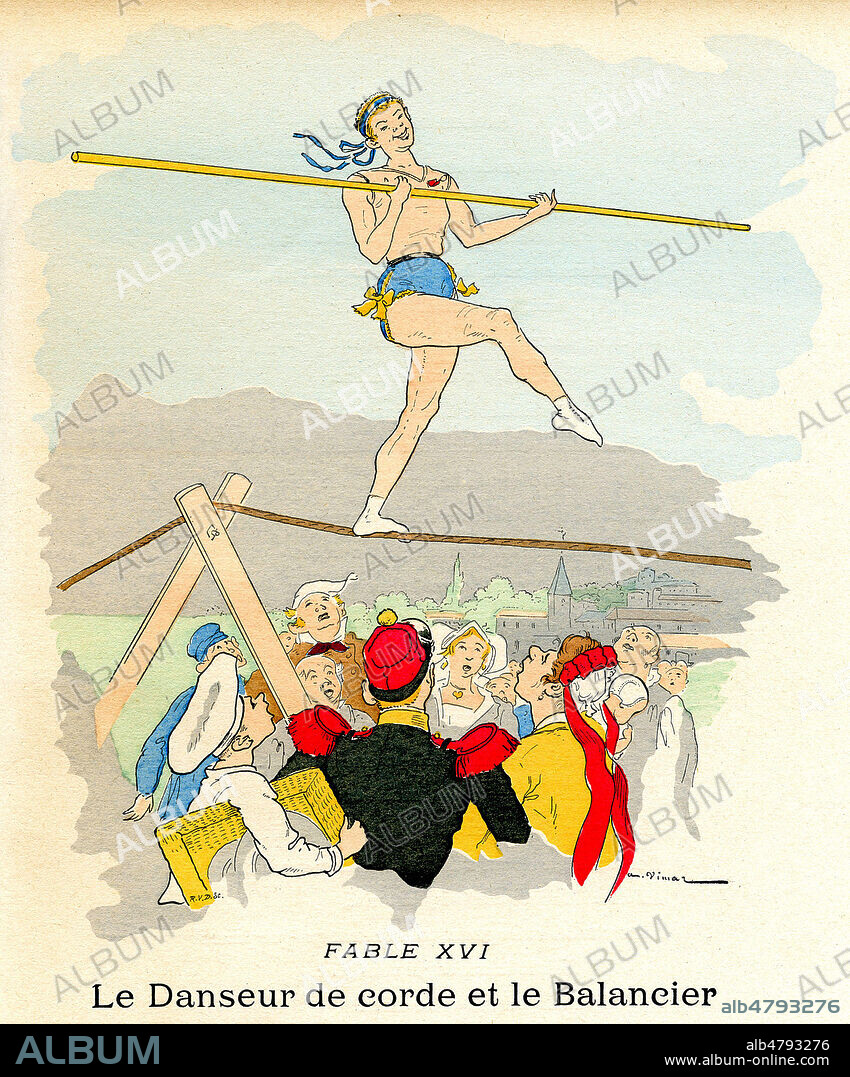 Le Danseur de corde et le Balancier. Illustration de 1899 par Auguste VIMAR (1851-1916) pour Fables de FLORIAN (1755-1794). Credit : Collection Jonas/Kharbine-Tapabor.