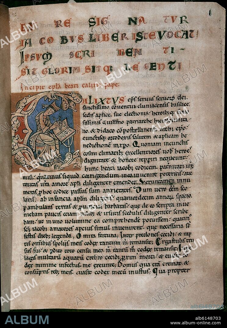 CODICE CALIXTINO - SIGLO XII - LIBRO I - PRIMERA PAGINA - MINIATURA CON LA INICIAL DEL PAPA CALIXTO II ESCRIBIENDO.