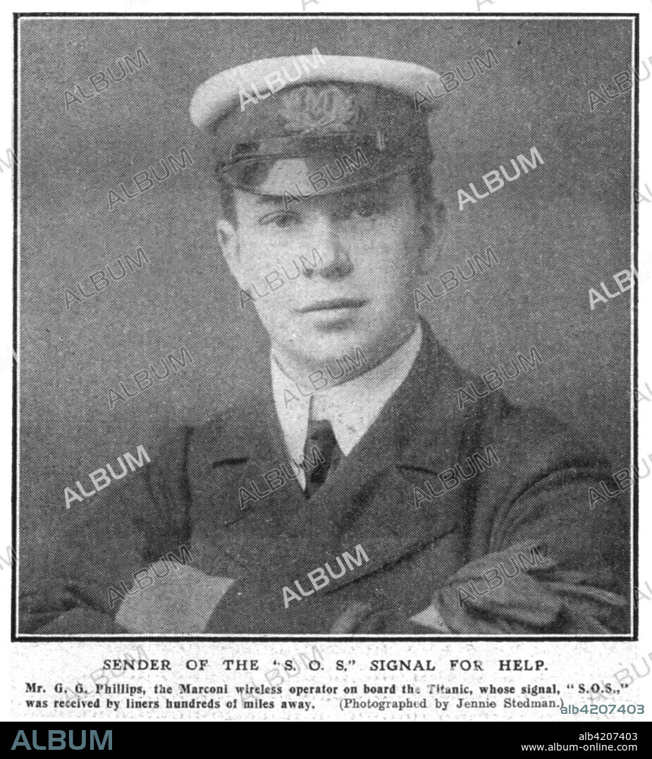 'Sender of the "S. O. S."' Signal for Help', (April 20), 1912. John George Phillips (nicknamed Jack, 1887-1912) was the ship's senior wireless operator who tried to save the 'Titanic' and all those on board by transmitting pleas for help until the ship lost power and sank. He died in the tragedy and his body was never recovered. The White Star Line ship RMS 'Titanic' struck an iceberg in thick fog off Newfoundland on 14 April 1912. She was the largest and most luxurious ocean liner of her time, and thought to be unsinkable. In the collision, five of her watertight compartments were compromised and she sank. Out of the 2228 people on board, only 705 survived. A major cause of the loss of life was the insufficient number of lifeboats she carried. Page 8, from "Titanic In Memoriam Number", a special supplement in "The Daily Graphic" newspaper issued following the sinking of the 'Titanic' on 15 April 1912, published on 20 April 1912.